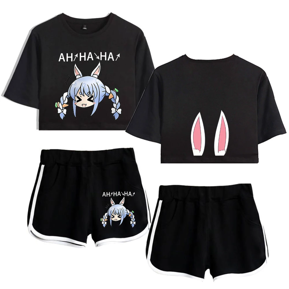 

HOLOLIVE VTuber Usada Pekora Print Summer Women/Girl Sets Sexy Short Tops+shorts Elastic Waist Kawaii Suits Two Piece Sets