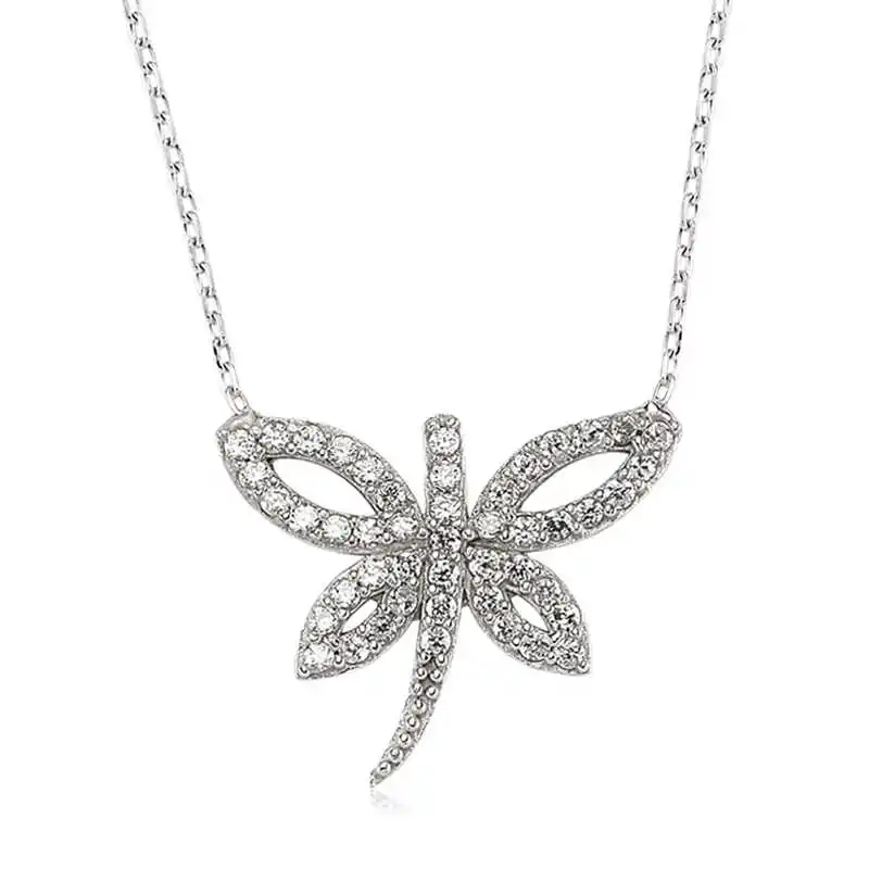 Silver Dragonfly Women Necklace Zircon Stone 925 Sterling Women Fine Jewelry Wedding Party Birthday Gift - Jeweled - Box - Pendant - Chain Choker - Female - Ladies - Fashion