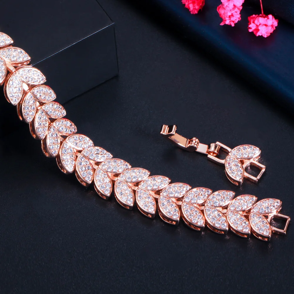 CWWZircons Luxury Fashion Leaf Shape Micro Pave Cubic Zirconia Stone Rose Gold Color Ladies Wedding Party Bracelets Bangle CB250