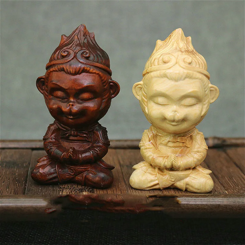 CQ201-8*4*4 CM Hand Carved Boxwood Carving Mokey King Figurine Lovely Ornaments Home Decor - Wukong Statue Car Decoration Craft