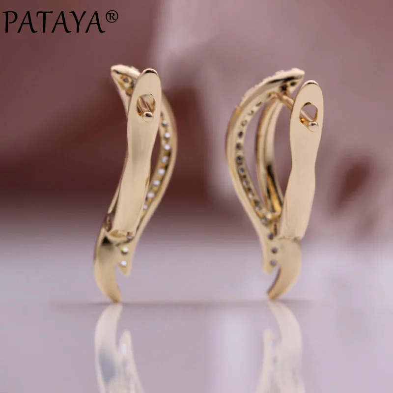 PATAYA New Hollow Leaf Small  Earrings Women 585 Rose Gold Color Drop Earrings Cute Daily Party Natural Zircon Fashion Jewelry