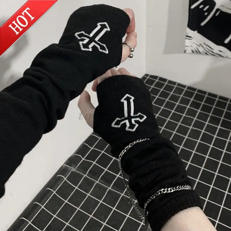 Gothic Harajuku Punk Style Black Cross Half Finger Long Glove Women Knit Length Sleeve Fingerless Gloves Streetwear