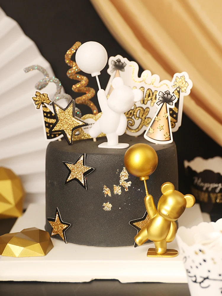 Black Gold 2022 New Year's Eve Baking cake Decoration balloon Bear Internet celebrity New Year's Party cupcake hem decoration