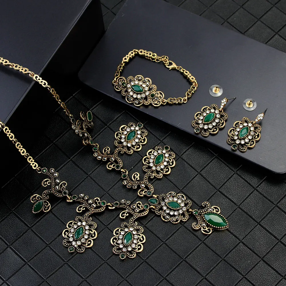 Sunspicems 2021 Vintage Turkish Flower Earring Necklace Bracelet Wedding Jewelry Set for Women Antique Gold Color Party Gift