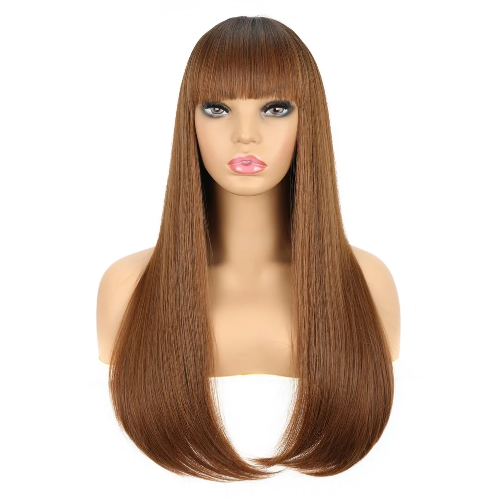 22 Inch Brown Long Synthetic Straight Wig With Bangs Cosplay Lolita Women's Wigs Headline High Temperature Fiber Wig For Women