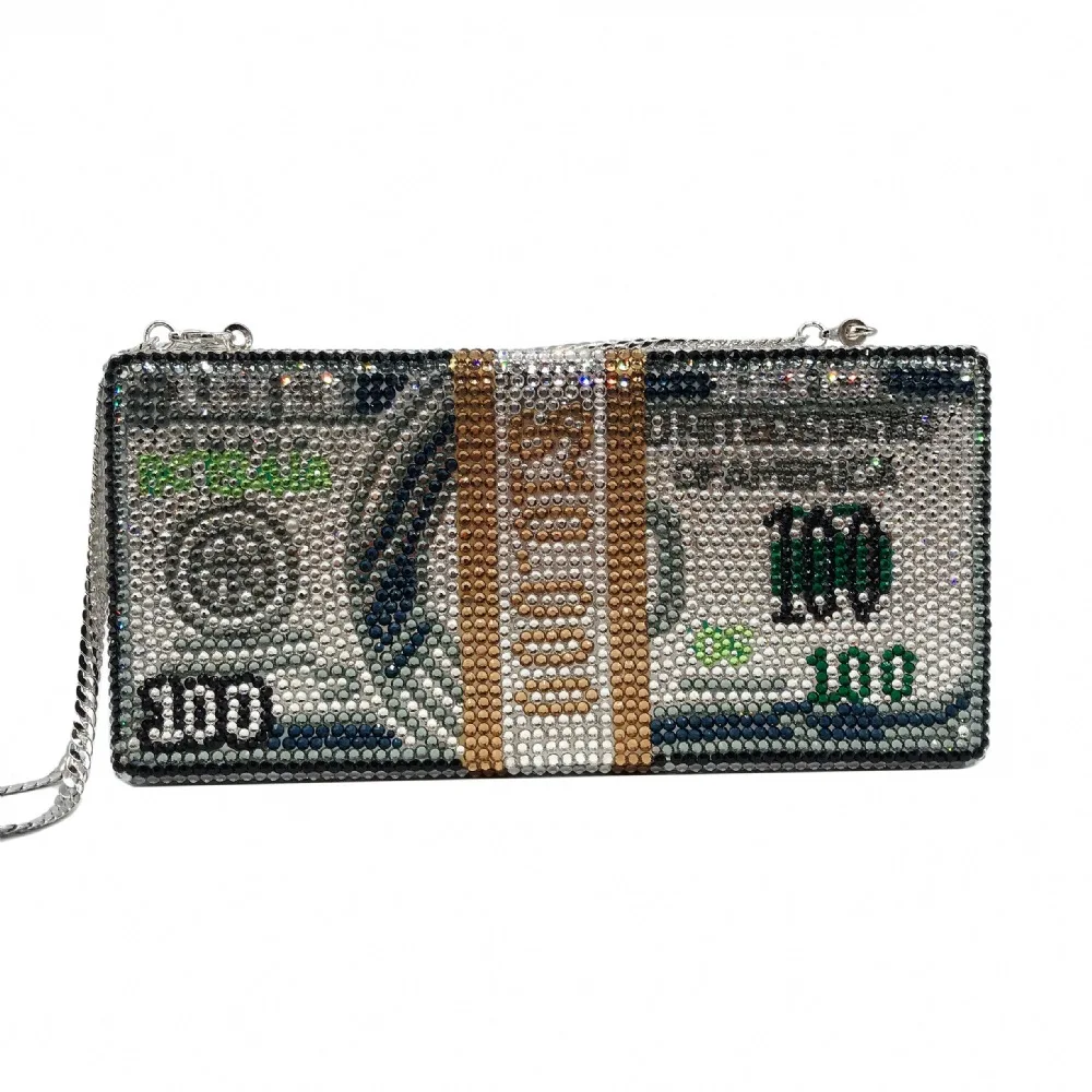 18.5x9CM Hand-made Diamond-encrusted Dinner Bag A Bundle Of US Dollars And Gold Dollars Women Dollar Clutch a6770