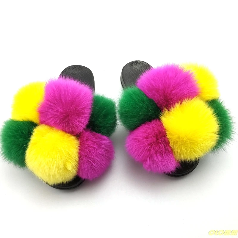 Furry Pom Pom Fur Slides Women Fur Slippers Reall Fox Fur Flip Flop Flat Fluffy Fur Ball Sandals Ladies Cute Rainbow Fur Shoes