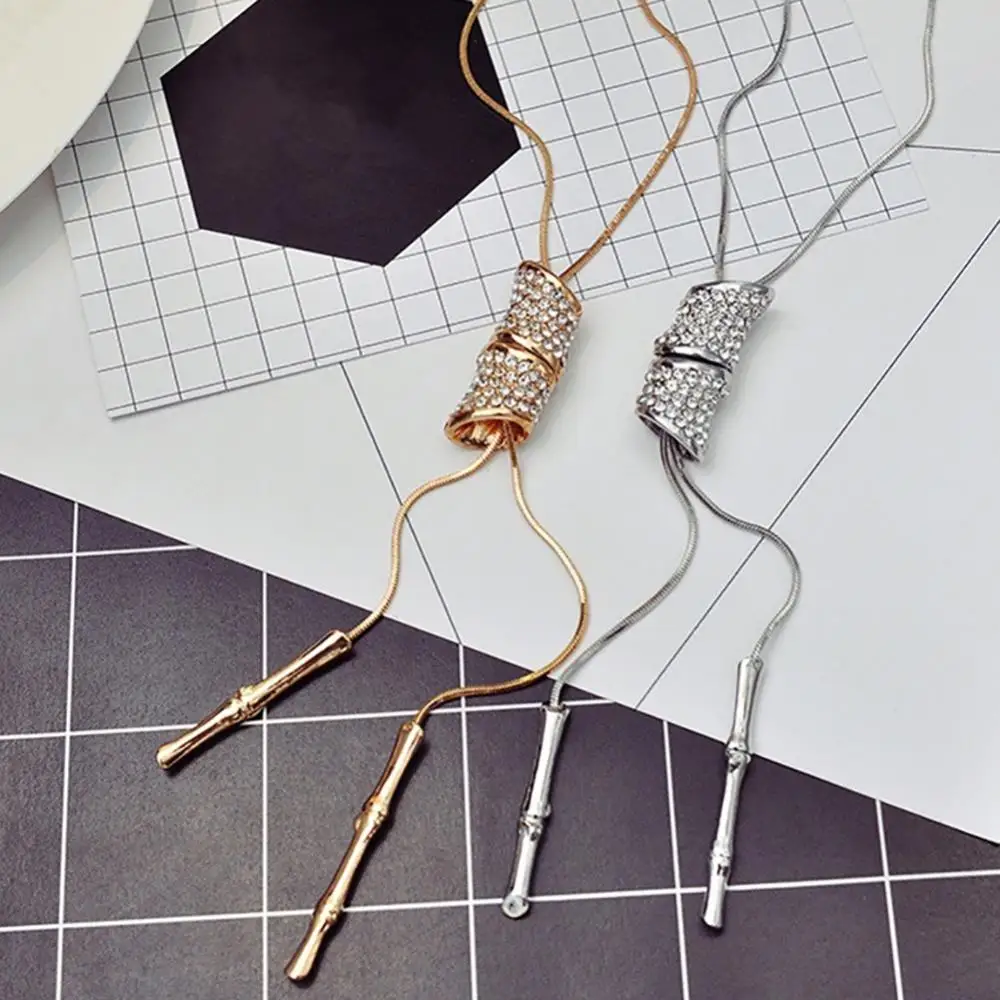 Women Bamboo Knot Tassel Adjustable Pendant Necklaces Sweater Chain Jewelry