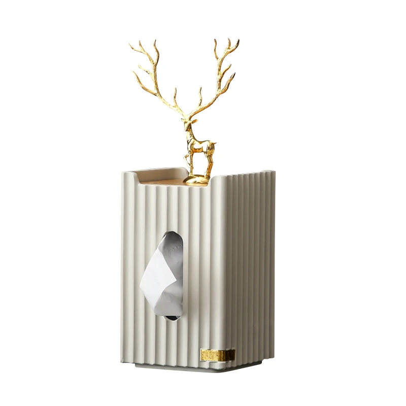 European Golden Deer Rectangular Tissue Box Resin Striped Standing Storage Tissue Canister Crafts Living Room Desktop Home Decor