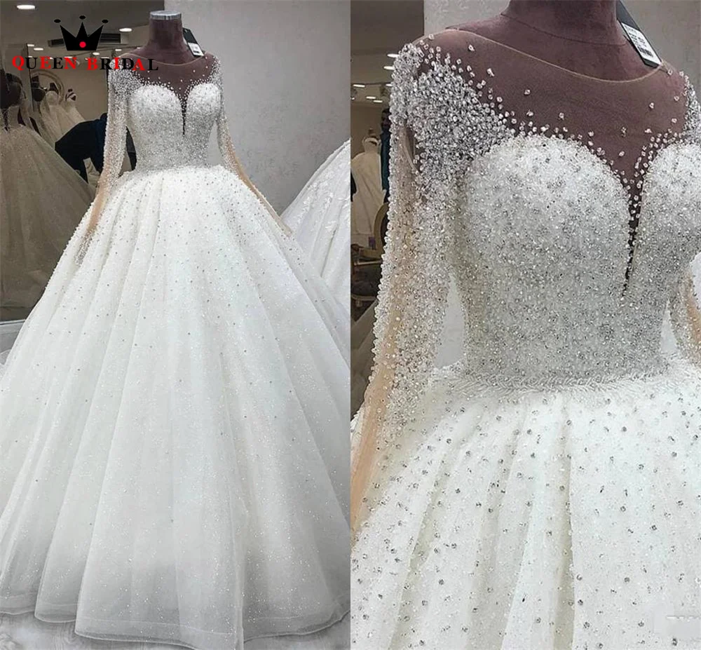 

Real Photos Wedding Dresses Ball Gown Long Sleeve Tulle Crystal Beaded Sequins Luxury Bridal Dress Custom Made DK07