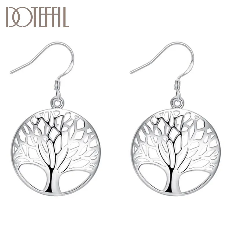 DOTEFFIL 925 Sterling Silver Circle Tree Drop Earrings Charm Women Jewelry Fashion Wedding Engagement Party Gift