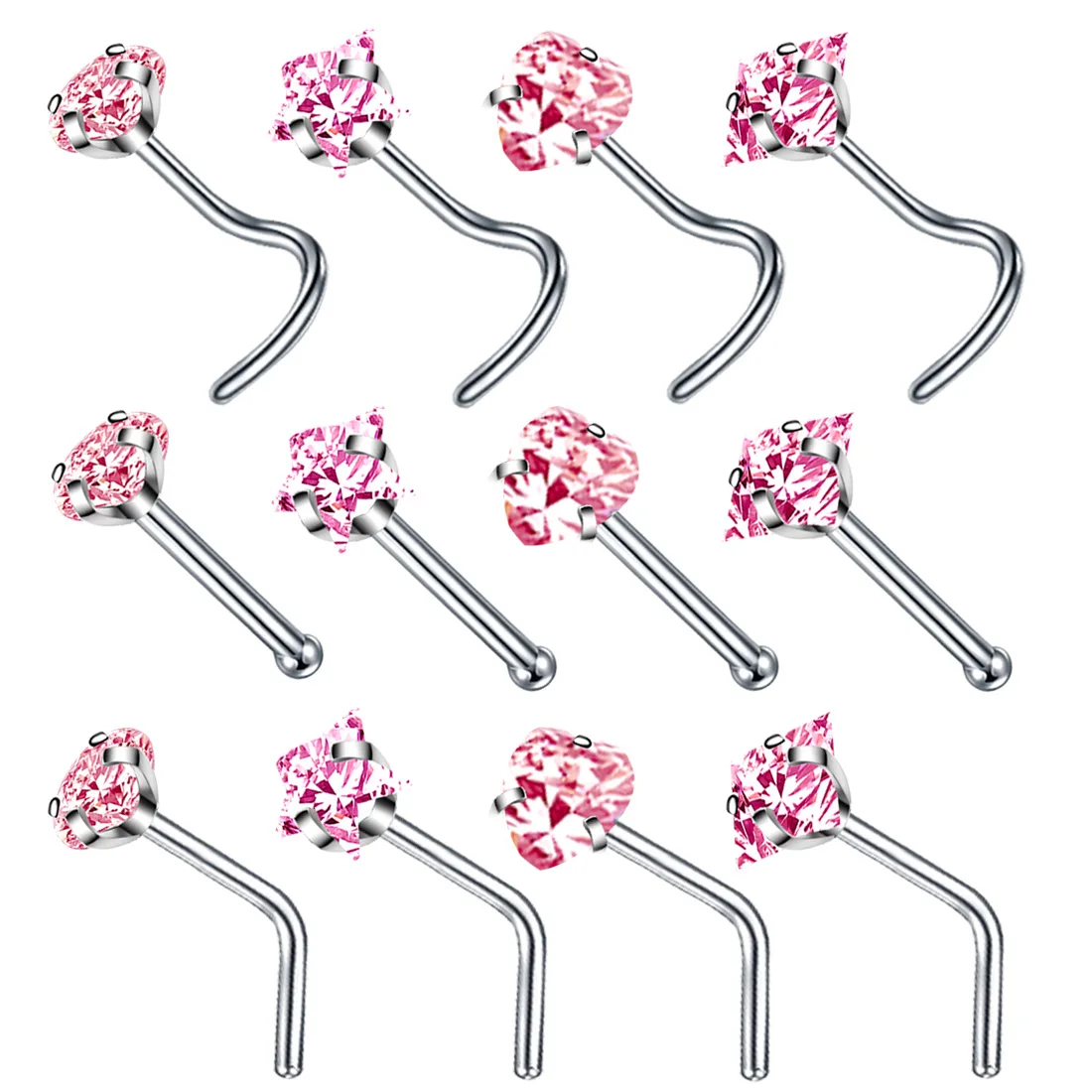 1/2PCS Crystal L shape nose stud set stainless steel zircon heart nose piercing ring star nose piercing stud lot nostril pircing