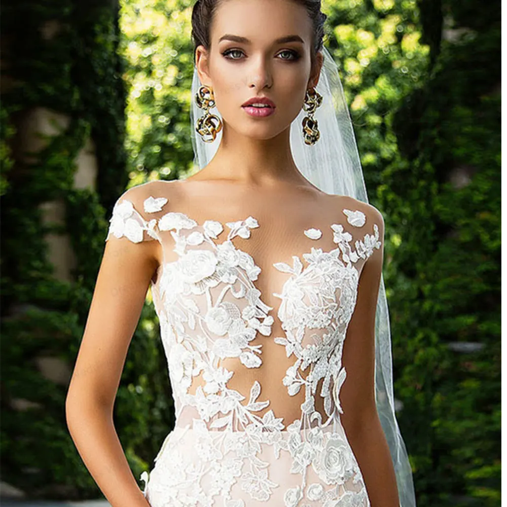 Elegant Lace Mermaid Wedding Dress Scoop Neck Bridal Cap Sleeve Bridal Gown Appliques Princess Sexy Backless Custom Made 2021