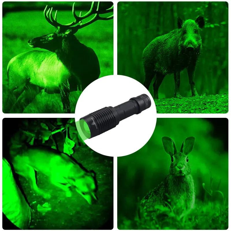 Tactical Zoomable Flashlight Green/Red/Blue Light Torch Waterproof LED Hunting Lamp for Outdoor Camping Fishing Detector