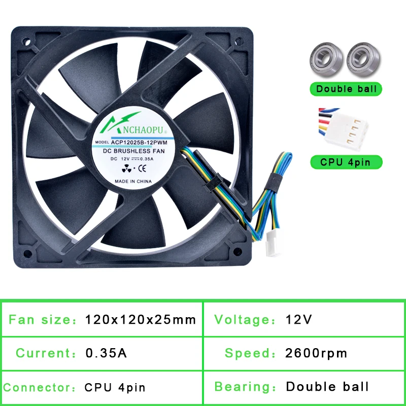 ACP12025B-12PWM 12cm 120mm fan 120x120x25mm DC12V 0.35A 4 lines Double ball bearing 4pin cooling fan for chassis CPU