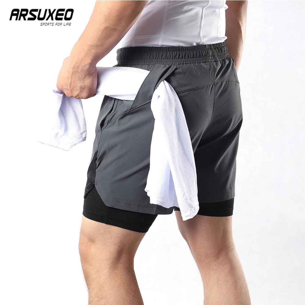 ARSUXEO Men's Running Shorts 2 in 1 with Multi-Pocket Fitness Training Exercise Jogging Workout Gym Sports Pants B208