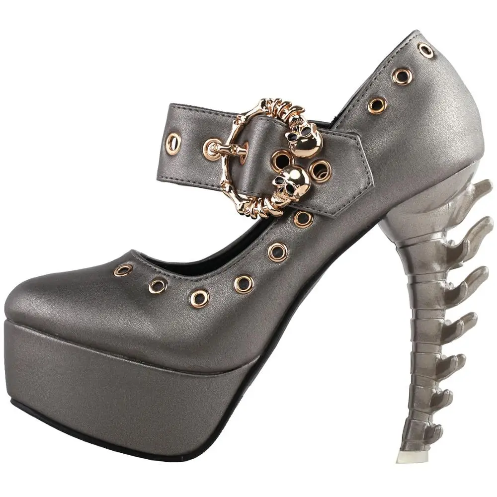 LF80690 SHOW STORY Punk Grey Skull Buckle Mary-Jane Eyelet Gladiator Platform Bone Heels Pumps