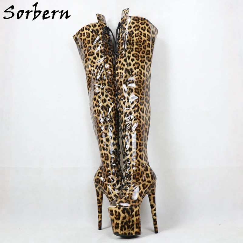 Sorbern Leopard Mid Thigh Boots Women Pole Dancing Shoes For Exotic Dancer Stripper 8 Inch High Heel Boots Open Toes Custom