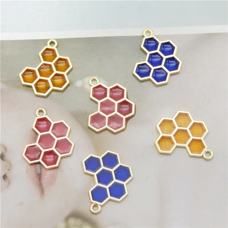 Julie Wang 6PCS Enamel Honeycomb Charms Mixed Pink Yellow Blue Hive Pendants Alloy Necklace Bracelet Jewelry Making Accessory