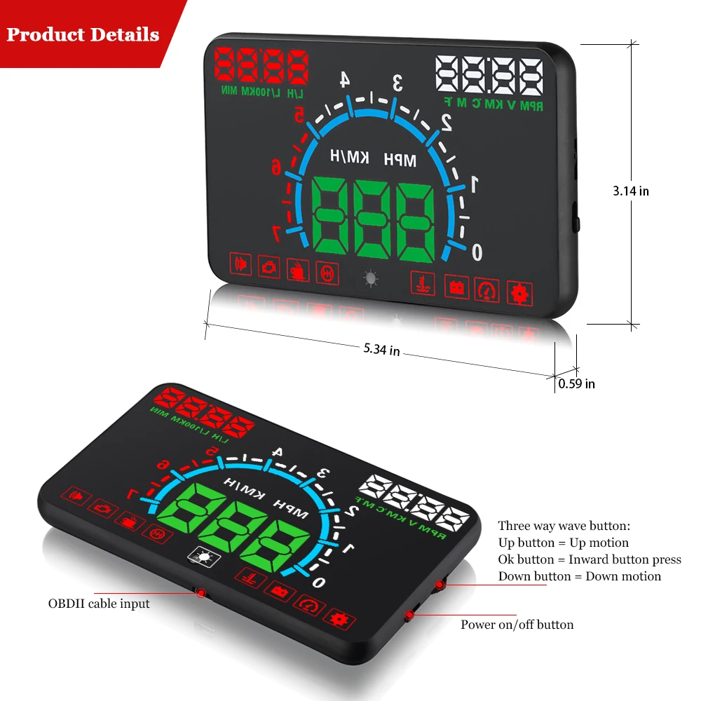 ELING Car OBD2 Head-Up Display Large Screen Speed Windshield Projector Overspeed Alarm Water Temp RPM Voltage Plug and Play