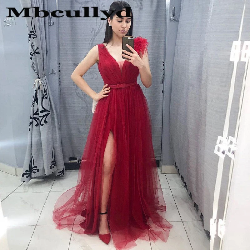 

Mbcullyd Side Split Burgundy Prom Dresses Long 2023 Luxury Feathers Evening Pageant Gowns For Women Vestidos de fiesta de noche