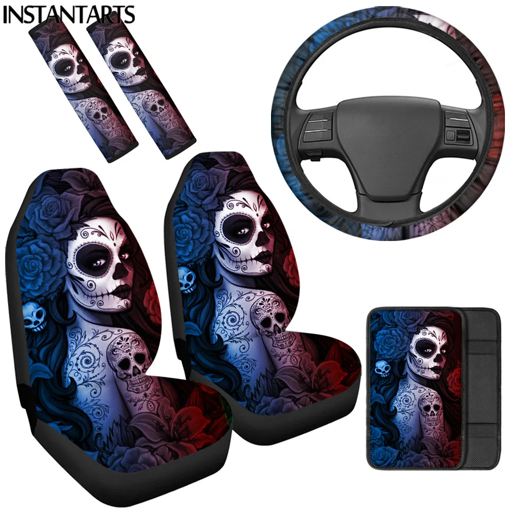 INSTANTARTS Sugar Skull Rose Flower Print Anti-Slip Seat Covers Steering Wheel Cover Durable Car Console Pad Seat Belt Cover New