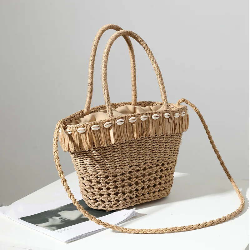 Bolsa de vime oca feminina, bolsa de ombro de praia tiracolo, bolsa tiracolo para senhora, casual, borla, balde de palha, moda verão