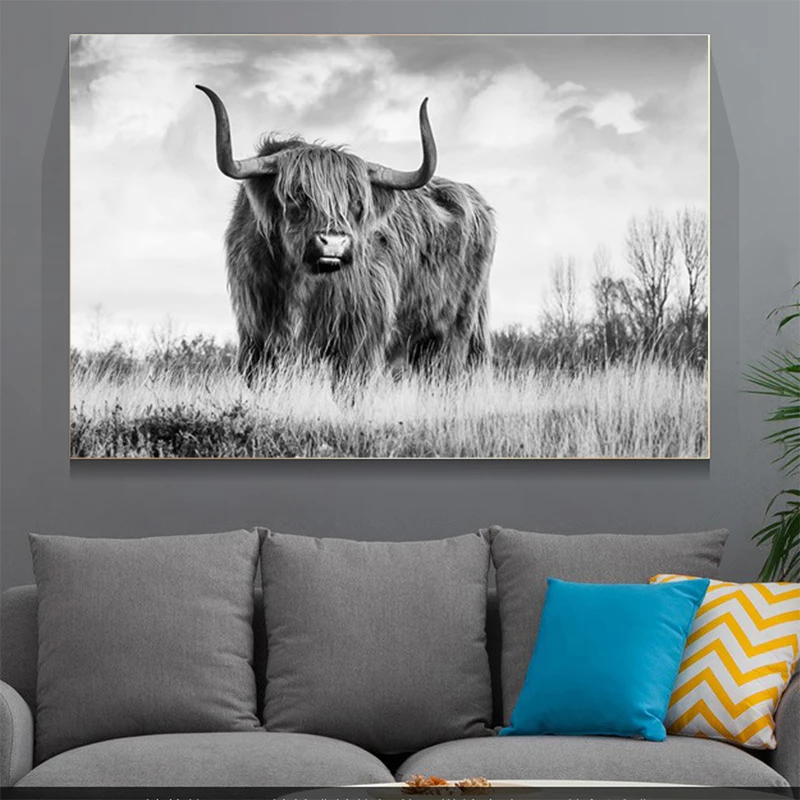 Scandinavian Yak Canvas Painting Black and White Cow Animal Posters and Prints Wall Art for Living Room Home Decoration Cuadros