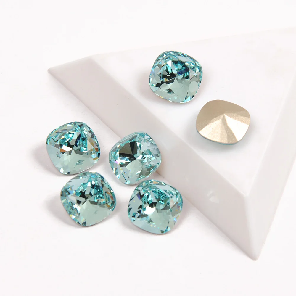 Aquamarine Color Cushion Cut K9 Fancy Crystal Pointback Nail Charms Rhinestones Super Bright Glass 3D Nail Art Gems