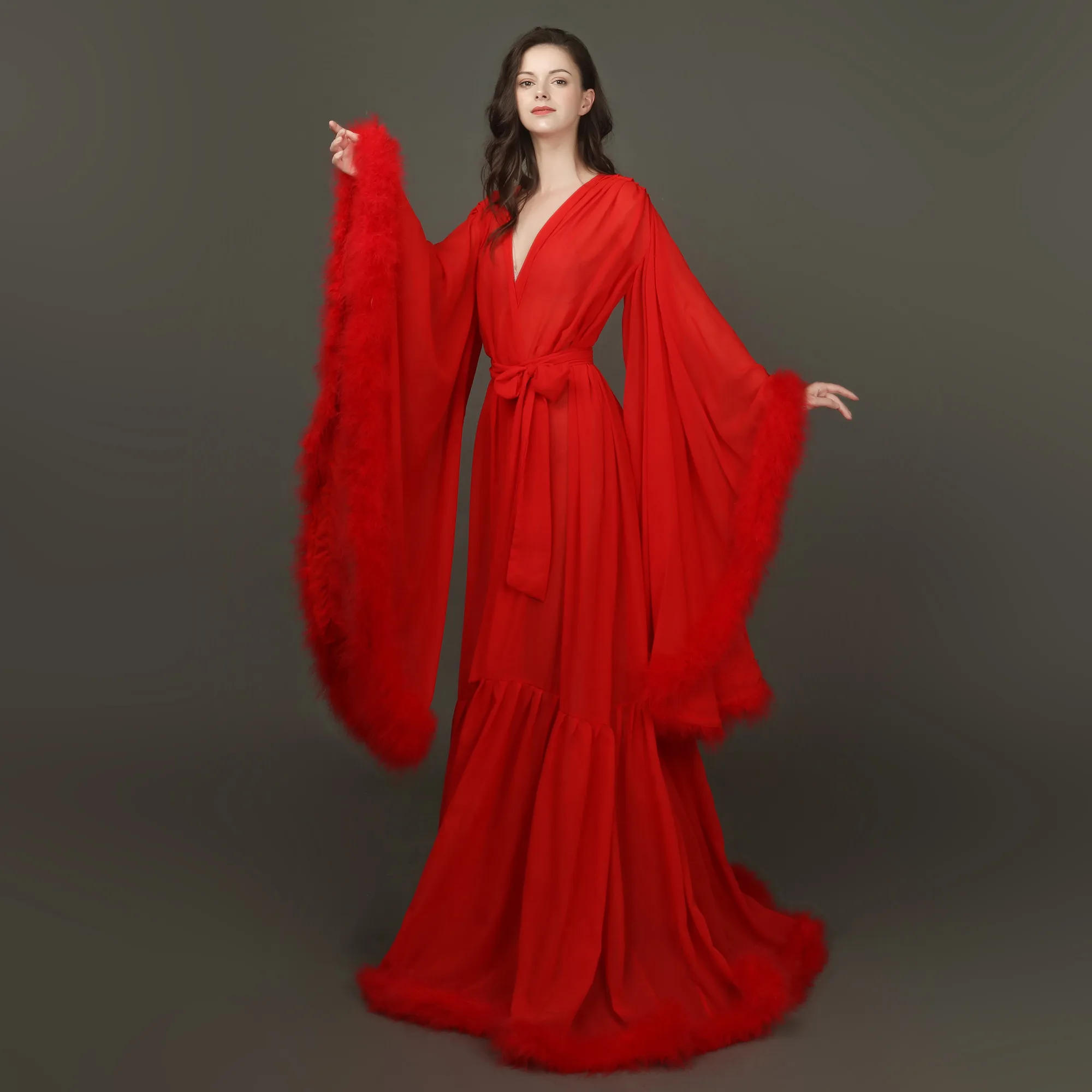 Feather Wedding Shawls Photo Robe With Belt Big Cuffs Night Gown For Women Long Sleeve Custom Made Woman Baby Shower Pajamas view 3