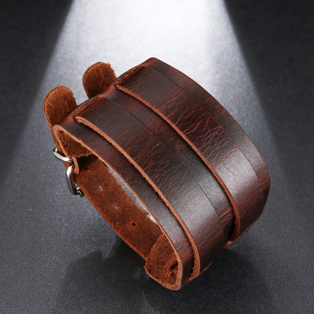 2024 Trend Jewelry Vintage Hand Woven Wide Leather Bracelet Cuff Double Breasted Bracelet for Men Pulsera Hombre