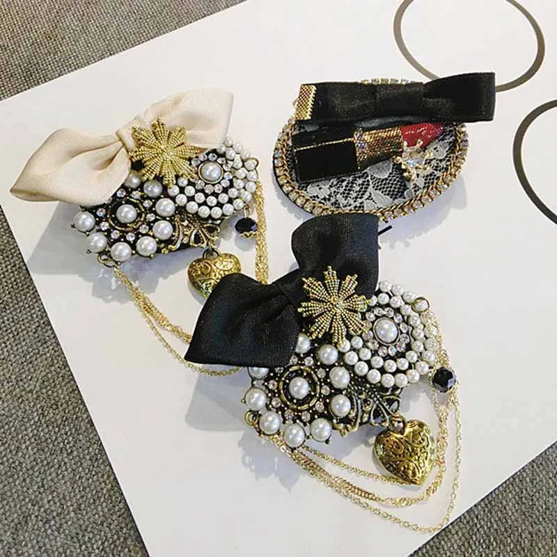 Korean Pearl Jewelry Chain Brooch Pins Owl-shaped Bow Lipstick Badge Brooch Pin Coat Suit Accessories for Women