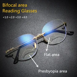 New Style Rimless Diamond Trimming Far and Near Dual-purpose HD Fashion Double Light Round Frame Reading Glasses +1.0 To +6.0