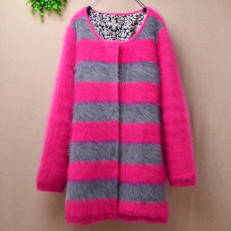 

ladies women winter thick keep warm mink cashmere knitted stripes loose cardigans jacket angora rabbit hair coat sweater mantle