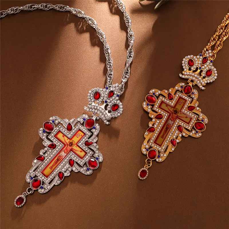 High Quality Pectoral Cross Orthodox Pendants & Necklaces Russia Jewelry Pastor Craft Accessories Crown Crystal Necklace