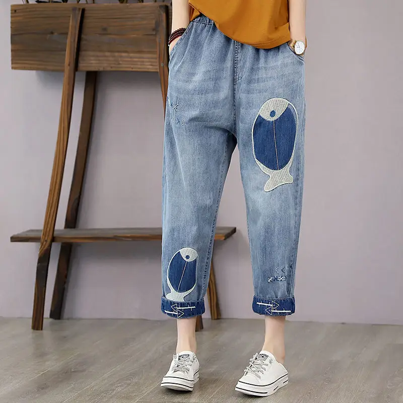 Embroidered Fish High Waist Jeans Elastic Waist Cropped Jeans Women Retro Literary Denim Thin Loose Women\'s Harem Pants Vintage