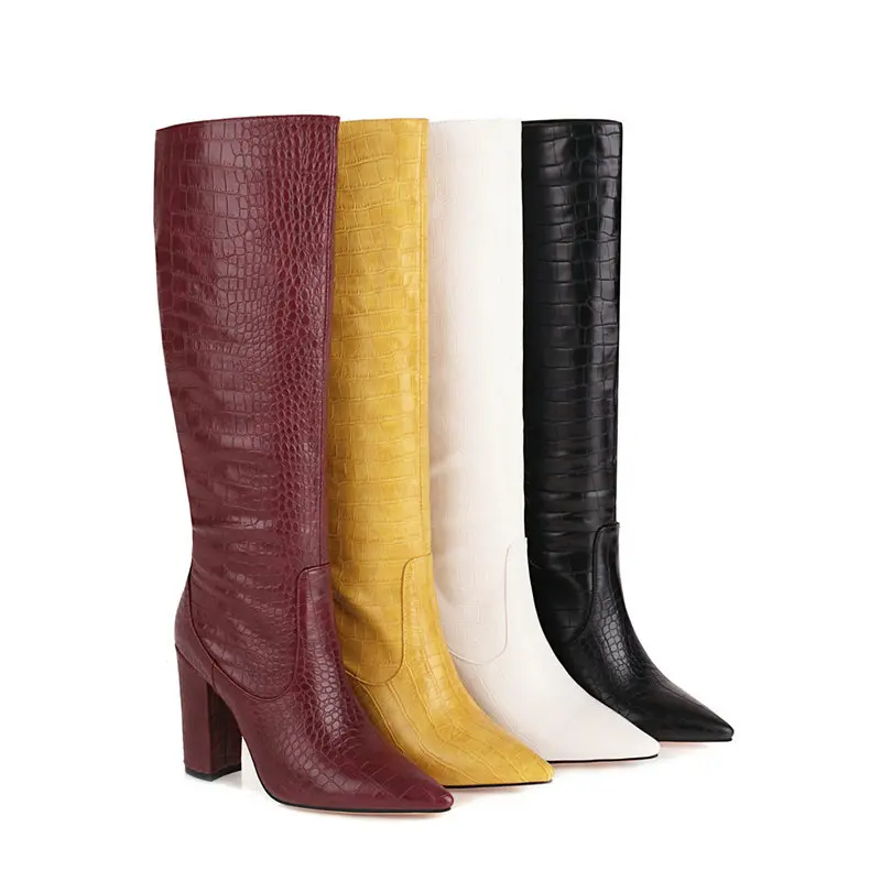 Black Yellow White Wine Red Women Knee High Boots Square High Heel Pointed Toe Women Boots PU Leather Winter Shoes Big Size 43