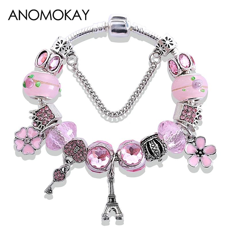 New Styling Tower Crown Flower Heart Key Charm Bracelet Pink Crystal Bead Diy Jewelry Bracelet Women Girlfriend Friend Gfit