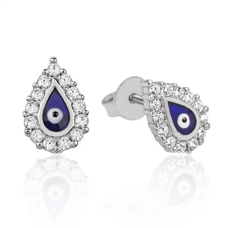 Silver White Stone Evil Eye Drop Stud Earrings Zircon Stone  925 Sterling Women for Jewelry Wedding Party Birthday Gift - Box - Fashion Girl Accessories