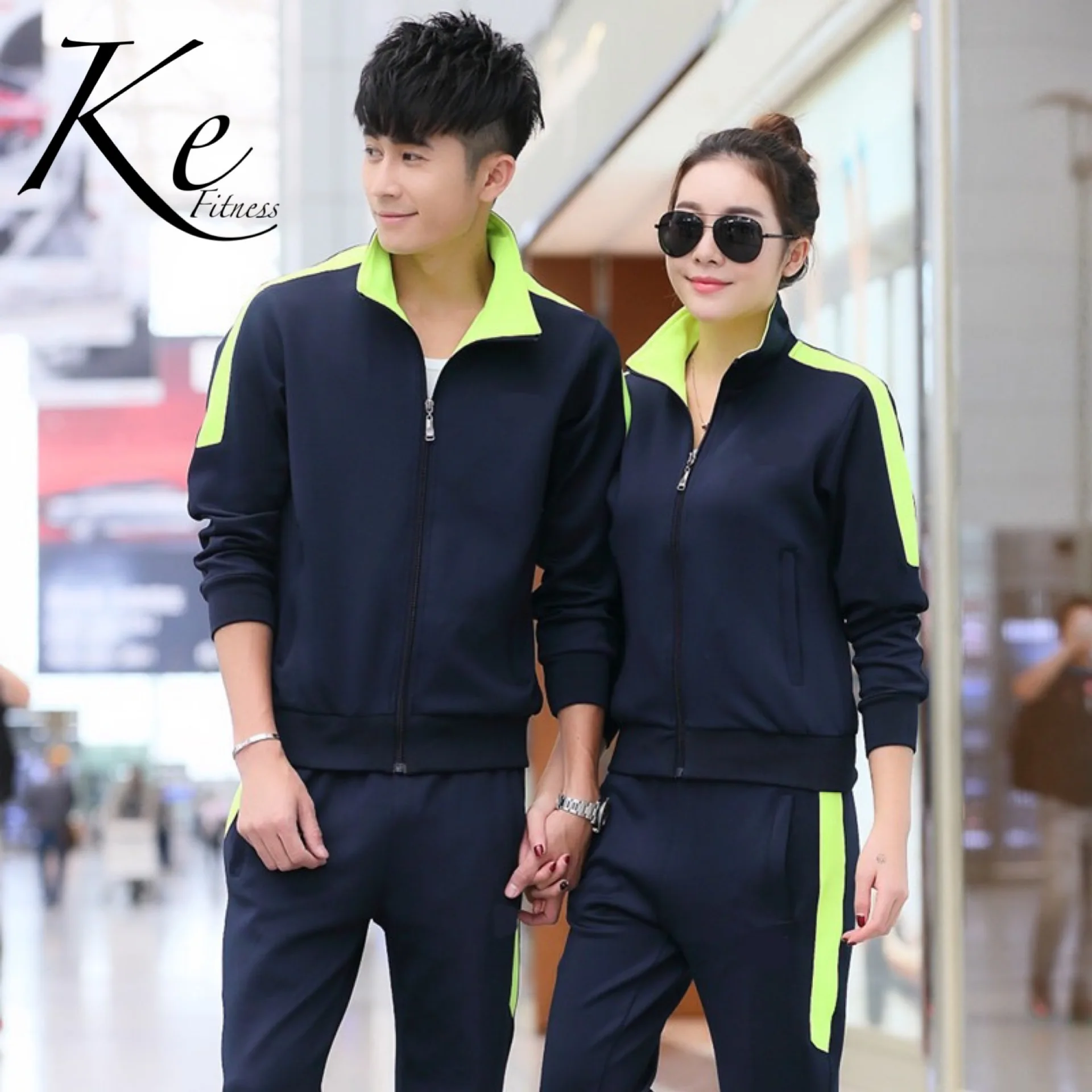 

KE290 New sportswear man woman tracksuit sport set running couples plus size big extra long sleeve blue green korean silk