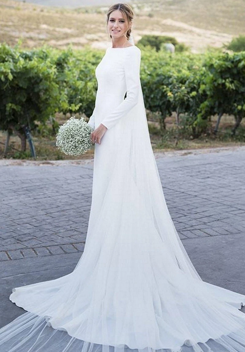 2023 neue Land Hochzeit Kleid Lange Ärmeln Bateau-ausschnitt Backless Sweep Zug Böhmen Brautkleider Tasten Vestidos De Noiva