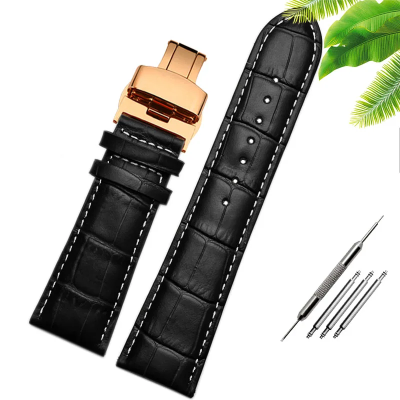 Genuine Leather Watch-Strap Band with Butterfly Clasp