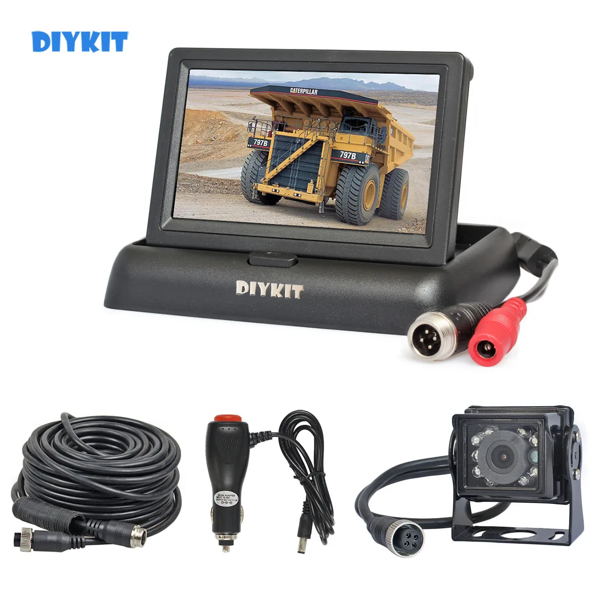 

DIYKIT DC12V-24V 4PIN 4.3" Reverse Rear View Car Monitor Backup CCD IR Night Vision Bus Truck Car Camera Car Charger