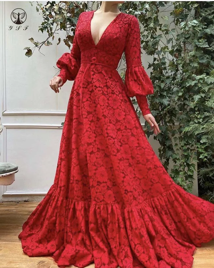 Glamorous Prom Dresses Deep V Neck Long Sleeve A Line Red Lace Gown