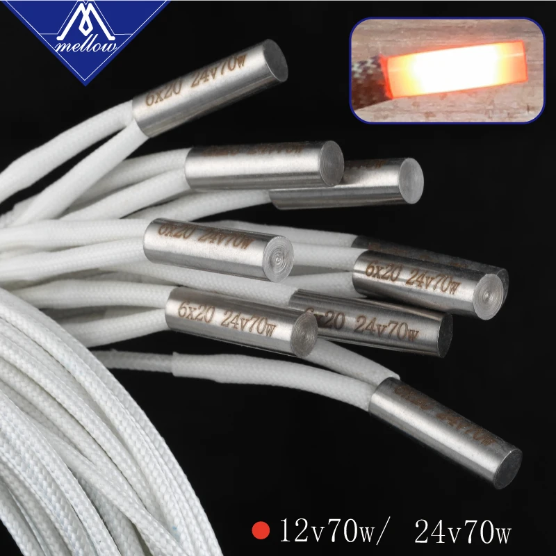 Mellow 1pcs 3D Printer Parts Heating Tube 6*20mm 12V 24V 70W Ceramic Cartridge Heater for Mk8 cr10 Ender 3 v6 HotEnd J-Head