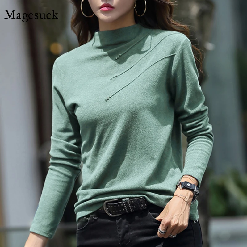 Autumn Elegant Buttons Solid Bottoming Shirt Women Long Sleeve T-shirts Semi-High Neck T-shirt Fashion Lady Clothes Tops 6973 50