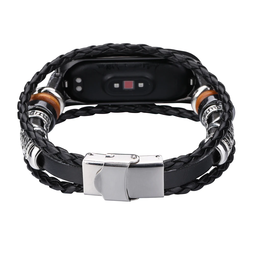 Leather Strap For Xiaomi Mi Band 7 6 5 Bracelet Wristband For MIband 7 NFC Smart Watchband Ethnic Beaded Retro Belt + Metal Case