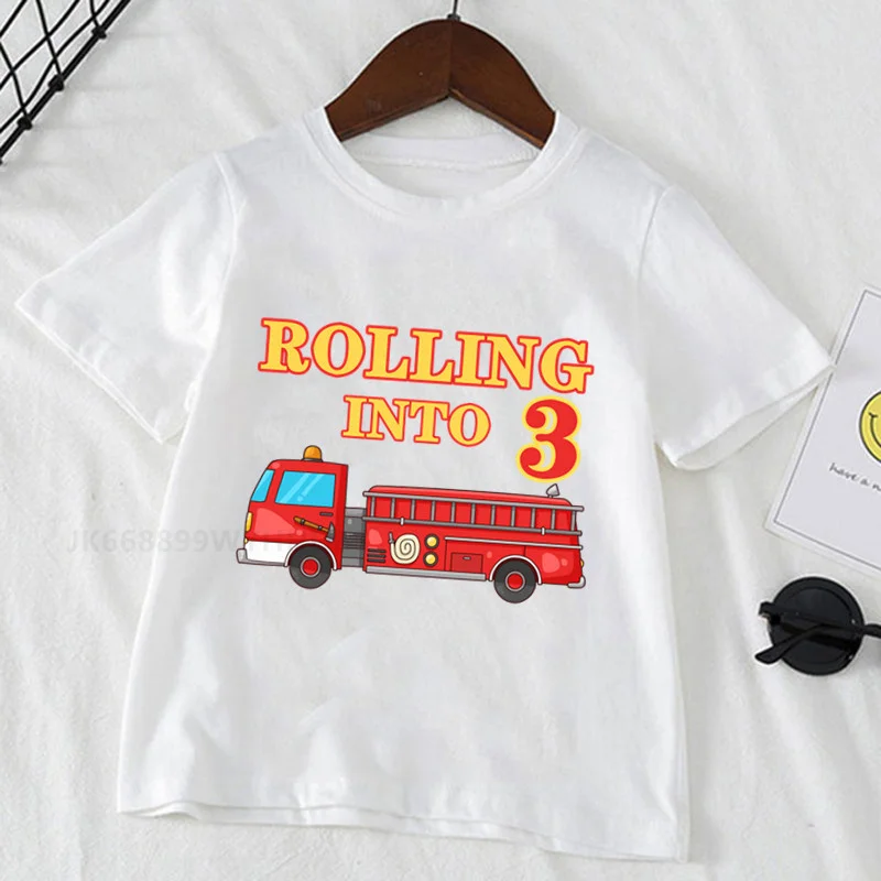 2021 Boys/Girls Firefighter Car Birthday Numbers T-Shirt for Children Boys Happy Birthday T Shirt White T-Shirt Baby Girls Top