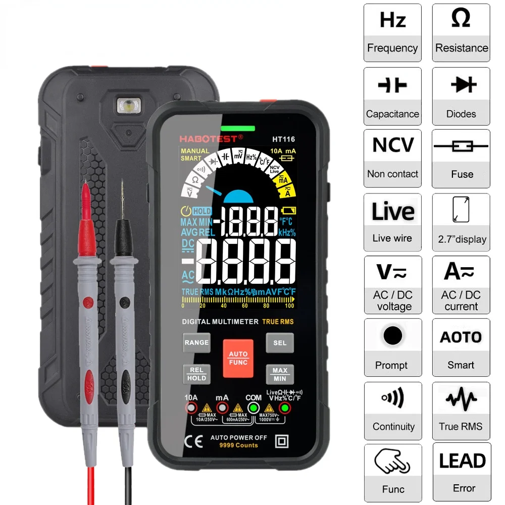 

New 9999 Counts Digital Multimeter Smart Auto Range 1000V 10A Tester Meter Ohm Hz Capacitance REL True RMS AC DC DMM Multitester