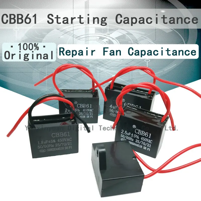 Cbb61 450vac ventilador de partida capacitância 1.2uf 1.5uf 1.8uf 2uf 2.5uf 3uf 4uf 5uf 8uf 10uf 25uf ventilador de teto gama ventilador ventilador